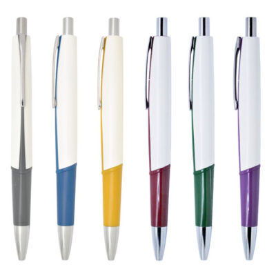 white barrel design pen with coloured rubber grips